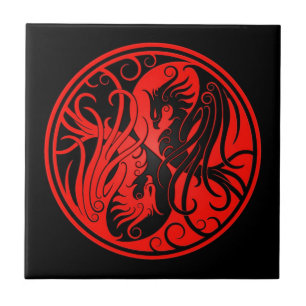 Red and Black Yin Yang Phoenix Tile