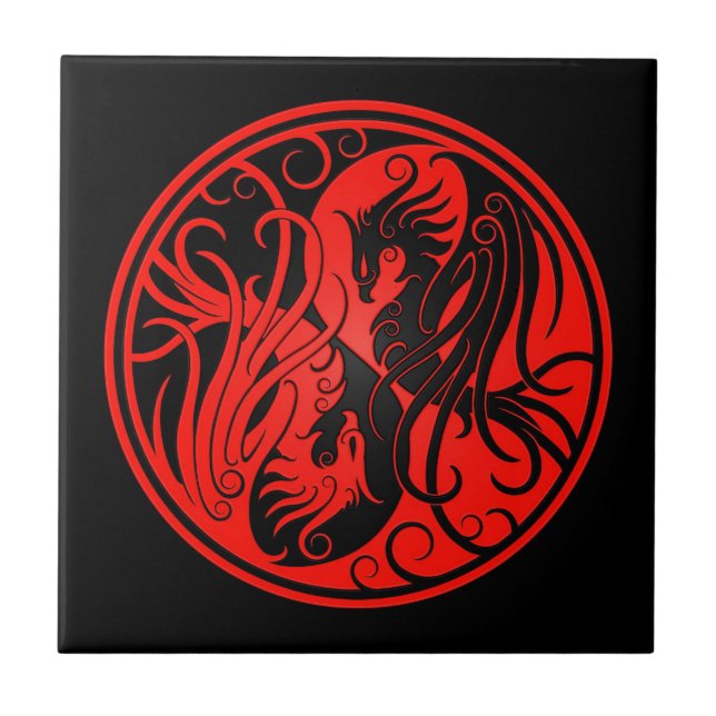 Red and Black Yin Yang Phoenix Tile (Front)