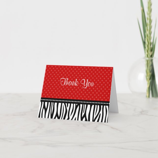 Red and Black Zebra Polka Dot Thank You Card (Front)