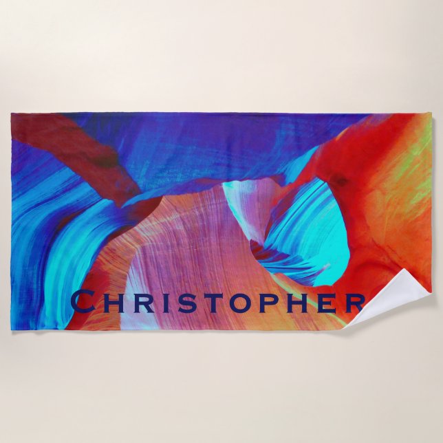 Red and Blue Abstract with Blue Name Beach Towel (Front)