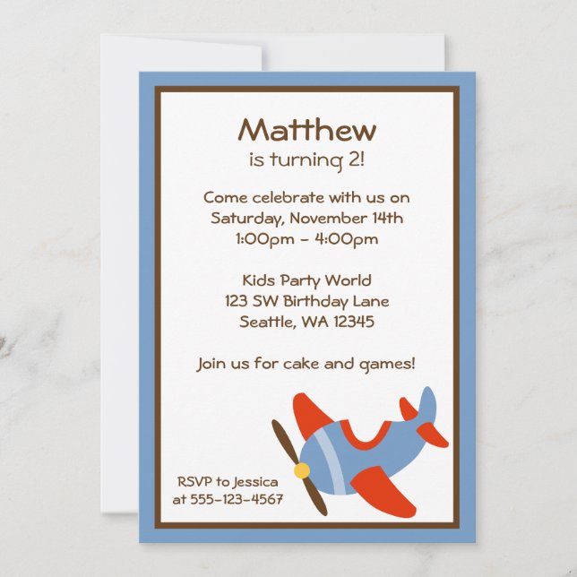 Red and Blue Airplane Birthday Party Invitations (Front)