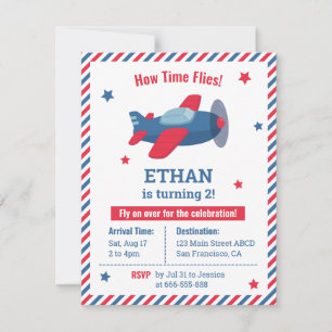 Red and Blue Airplane Boys Birthday Party Stripes Invitation