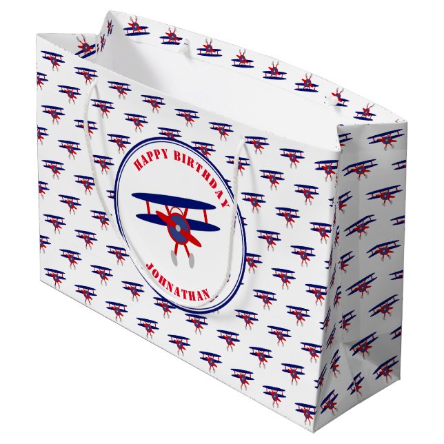Red and Blue Airplanes Custom Birthday Boy Large Gift Bag (Back Angled)