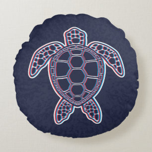 Red And Blue Anaglyph 3D Glitch Effect Sea Turtle Round Pillow