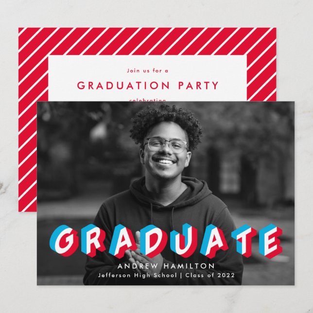 Red and Blue | Anaglyph Photo Graduation Party Invitation (Front/Back)