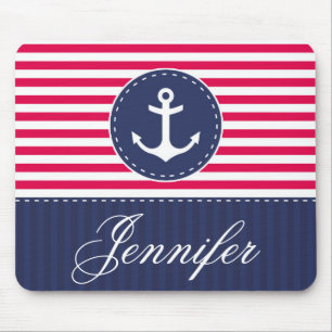 Red and Blue Anchor Design Customizable Name Mouse Pad