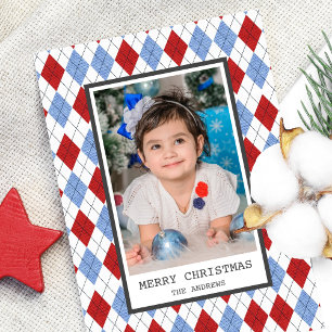 Red and Blue Argyle Plaid Christmas Photo Holiday Card