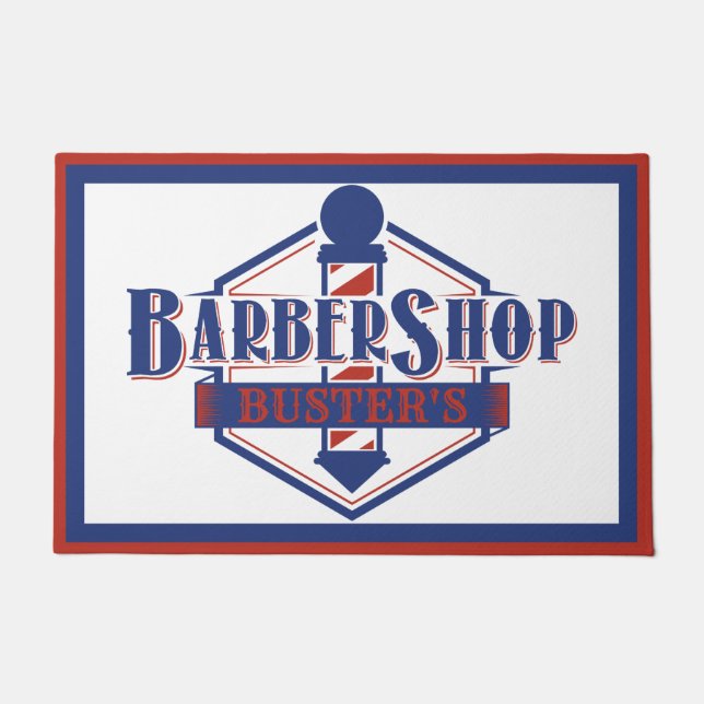 Red and Blue Barber Logo Personalize  24" x 36" Doormat (Front)