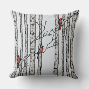 Red and Blue Birch Trees and Red Cardinal Birds Throw Pillow