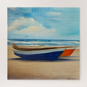 Red and Blue Boat on a Sandy Beach Jigsaw Puzzle