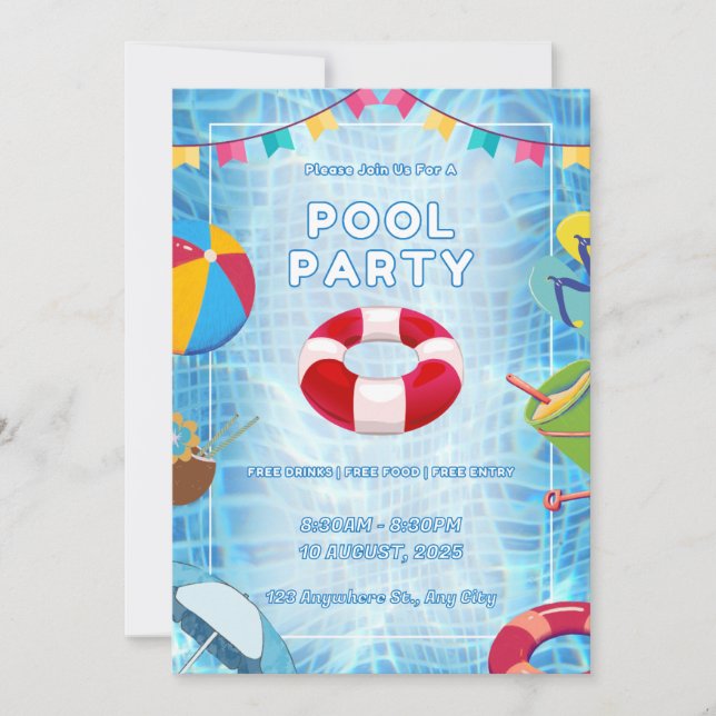 Red And Blue Bold Pool Party Invitation (Front)