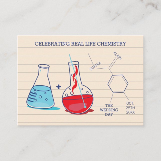 Red and Blue Chemistry Wedding Place Cards (Front)