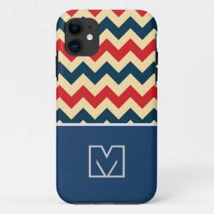 Red and Blue Chevron Zigzag. Custom Monogram iPhone 11 Case