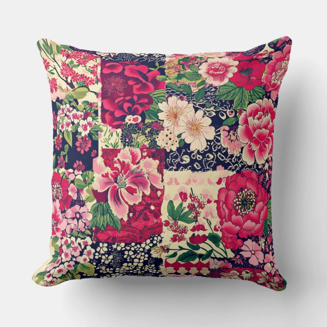 Red and Blue Chinese Patchwork Floral Throw Pillow (Front)