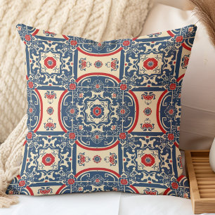 Red and Blue Chinoiserie Chinese Tile Pattern Throw Pillow