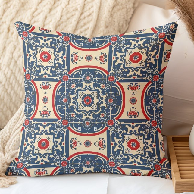 Red and Blue Chinoiserie Chinese Tile Pattern Throw Pillow (Red and Blue Chinoiserie Chinese Tile Pattern Throw Pillow in a boho neutral bedroom.)