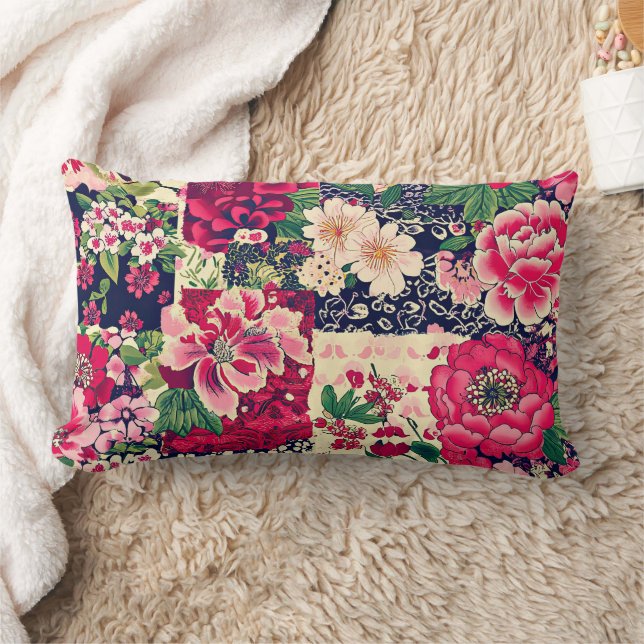Red and Blue Chinoiserie Patchwork Lumbar Pillow (Blanket)