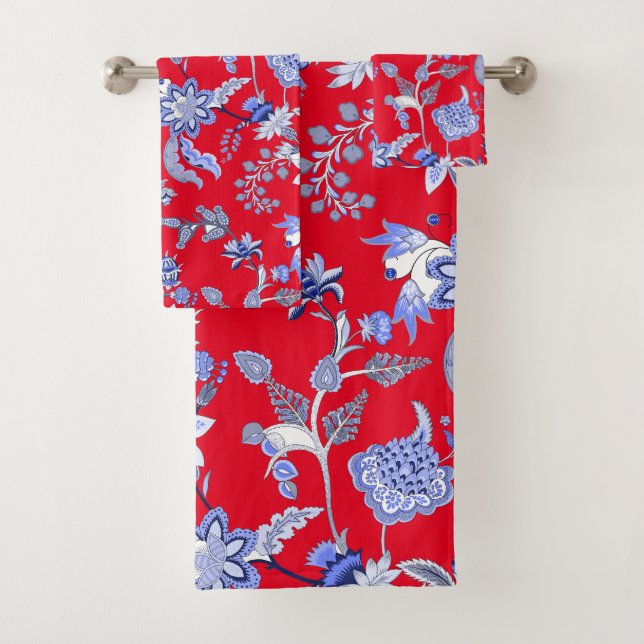 Red And Blue Chintz Bath Towel Set (Insitu)