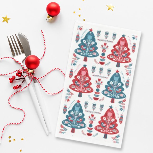 Red and Blue Christmas Tree Floral Nordic Pattern Napkin (Creator Uploaded)