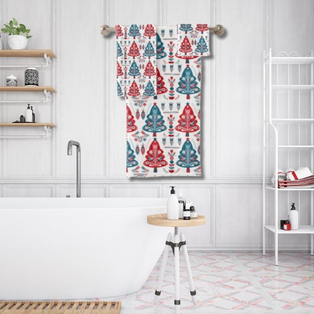 Red and Blue Christmas Tree Scandinavian Folk Art Bath Towel Set (Creator Uploaded)