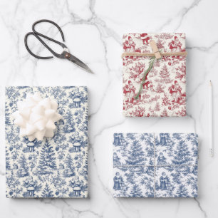 Red and Blue Christmas Vintage Chinoiserie  Wrapping Paper Sheet