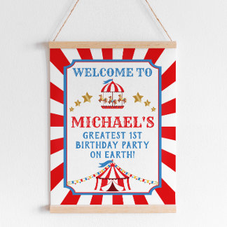 Red and Blue Circus Carnival Birthday Welcome Sign