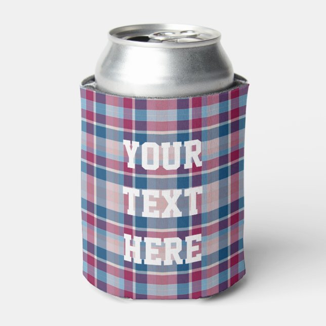 Red and Blue Classic Plaid Custom Text Can Cooler (Can Front)