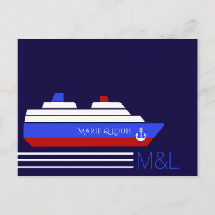 red and blue couples travel ship cruise postcard