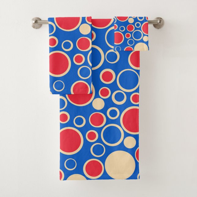 Red And Blue Dots On Blue  Bath Towel Set (Insitu)
