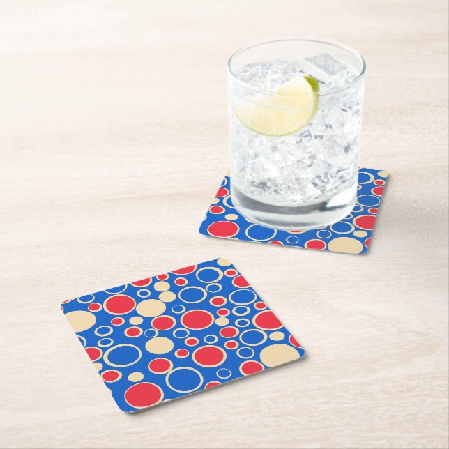 Red And Blue Dots On Blue  Square Paper Coaster (Insitu)