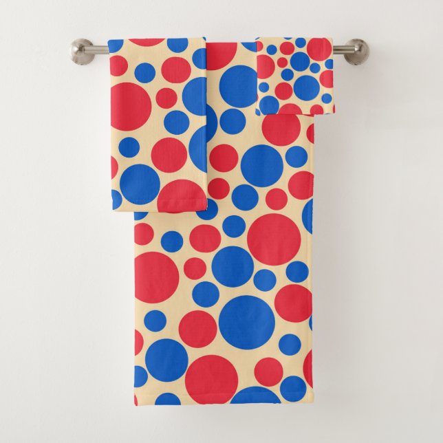 Red And Blue Dots On Tan  Bath Towel Set (Insitu)