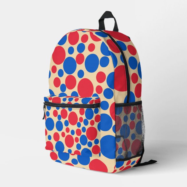 Red And Blue Dots On Tan  Printed Backpack (Back Corner Right)