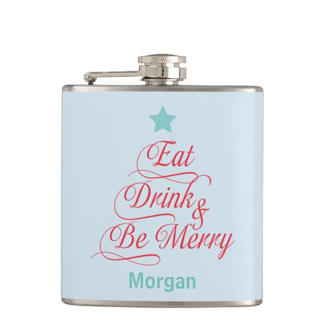 Red and Blue Eat Drink and Be Merry Hip Flask (Front)