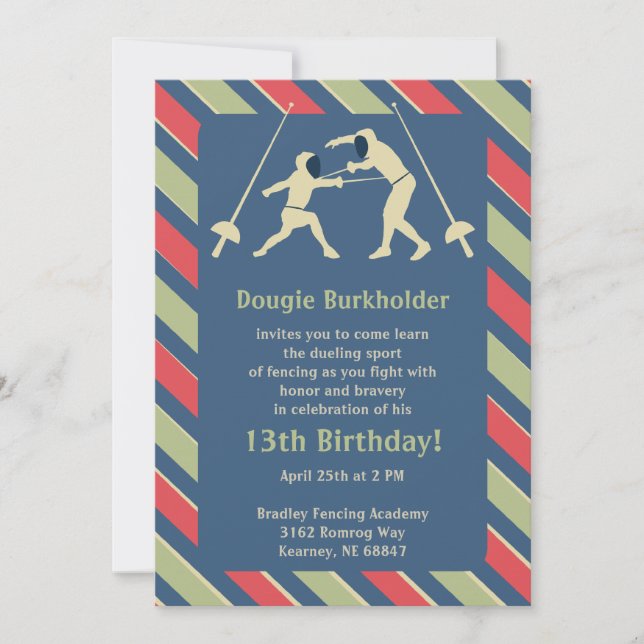 Red and Blue Fencing Birthday Party Invitation (Front)
