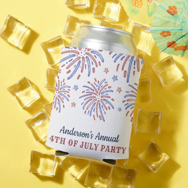 Red and Blue Fireworks 4th of July Party Can Cooler (In Situ Summer)