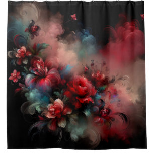 Red and Blue Floral Abstract on Black Background