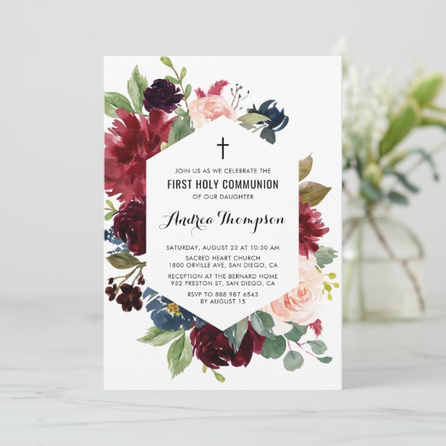Red and Blue Floral Frame First Holy Communion Invitation (Standing Front)