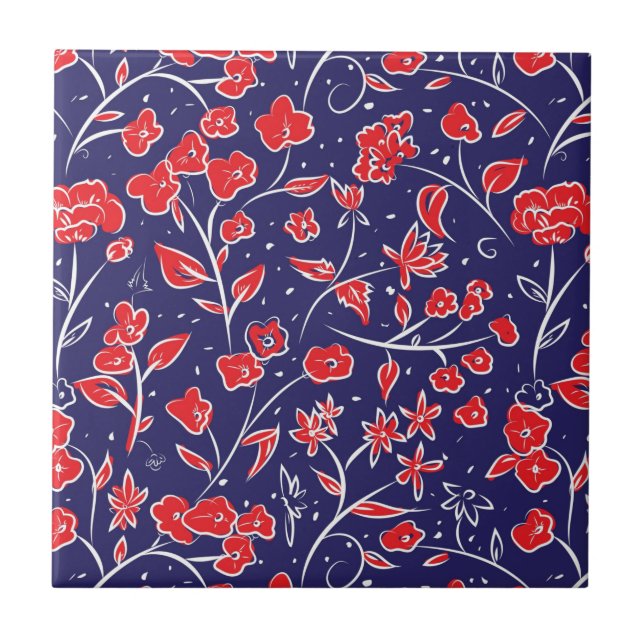 Red and Blue Floral Pattern Tile (Front)