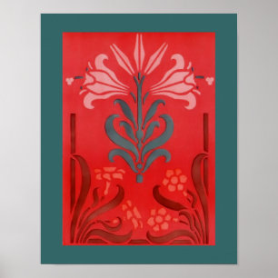 Red And Blue Floral Stencil Art Poster