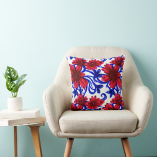 Red and Blue Floral Throw Pillow