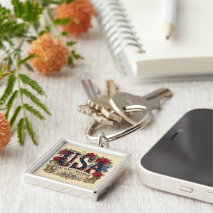 Red and Blue Floral USA 250 Years of Freedom Keychain