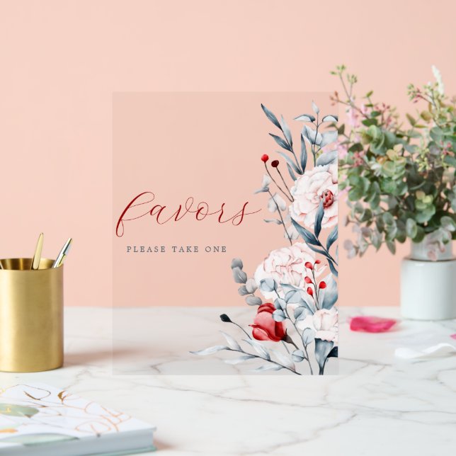 Red And Blue Flower Floral Wedding Favour Acrylic Sign (Wedding)