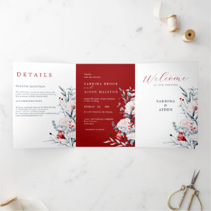 Red And Blue Flower Floral Wedding  Tri-Fold Announcement