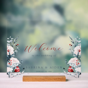 Red And Blue Flower Floral  Wedding Welcome  Acrylic Sign