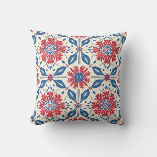 Red and Blue Flower Pattern Throw Pillow