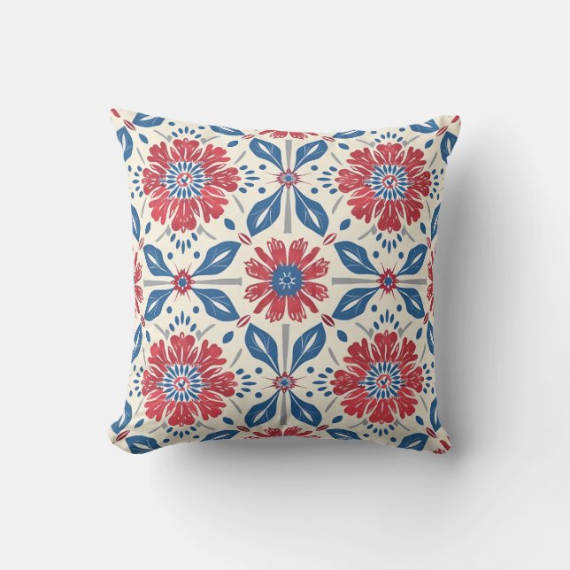Red and Blue Flower Pattern Throw Pillow (Front)