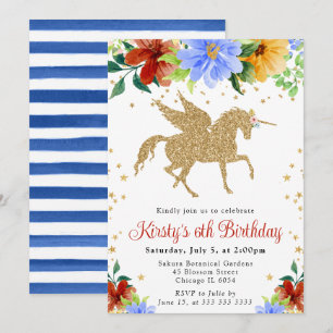 Red and Blue Flowers Gold Unicorn Birthday Invitation