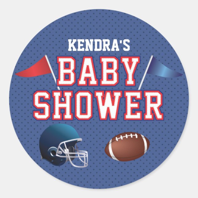 Red and Blue Football Baby Shower Classic Round Sticker (Front)