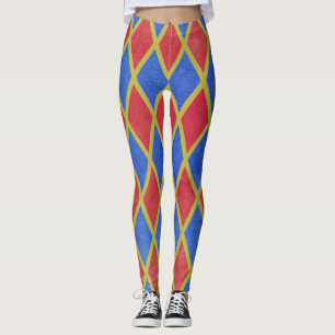 Red and blue geometric harlequin diamond pattern leggings