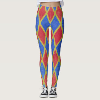 Red and blue geometric harlequin diamond pattern leggings